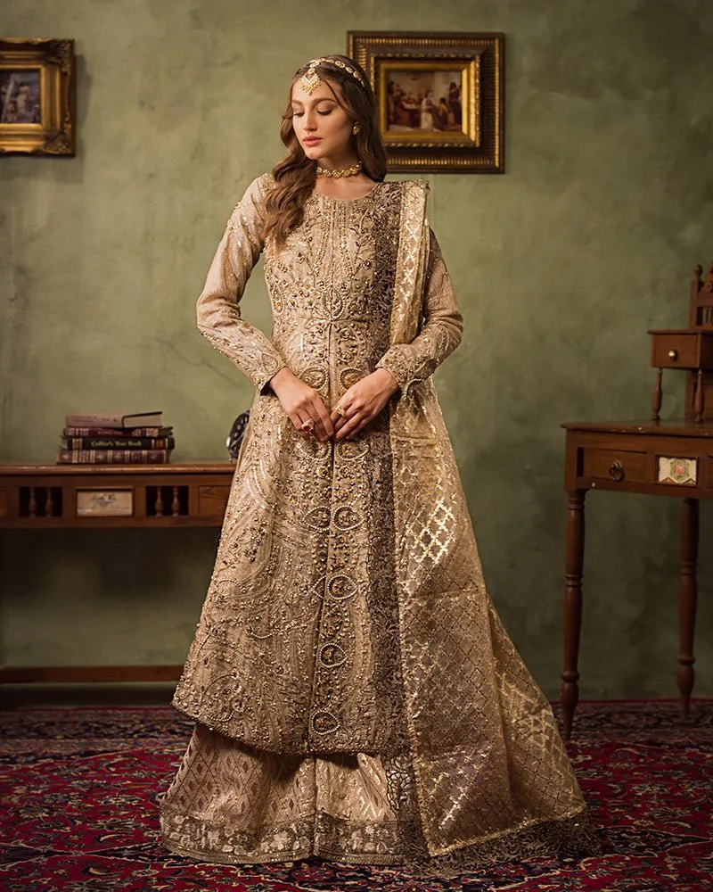 Gold bridal frock with organza and net detailing – view 5 – Poshaq