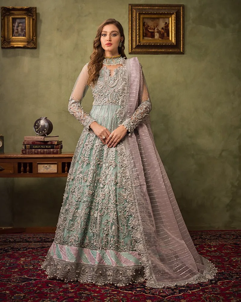 Aqua blue bridal suit with organza dupatta and embroidered net detailing – view 1 – Poshaq