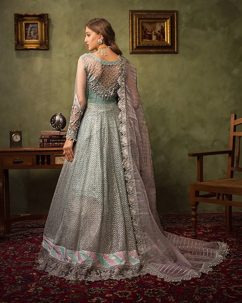 Aqua blue bridal suit with organza dupatta and embroidered net detailing – view 2 – Poshaq