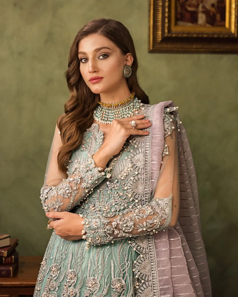 Aqua blue bridal suit with organza dupatta and embroidered net detailing – view 3 – Poshaq