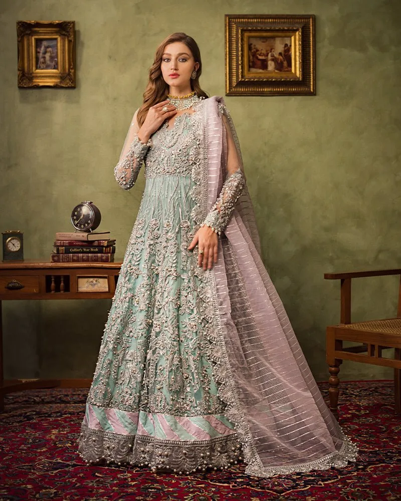 Aqua blue bridal suit with organza dupatta and embroidered net detailing – view 4 – Poshaq