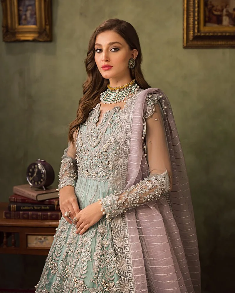 Aqua blue bridal suit with organza dupatta and embroidered net detailing – view 5 – Poshaq
