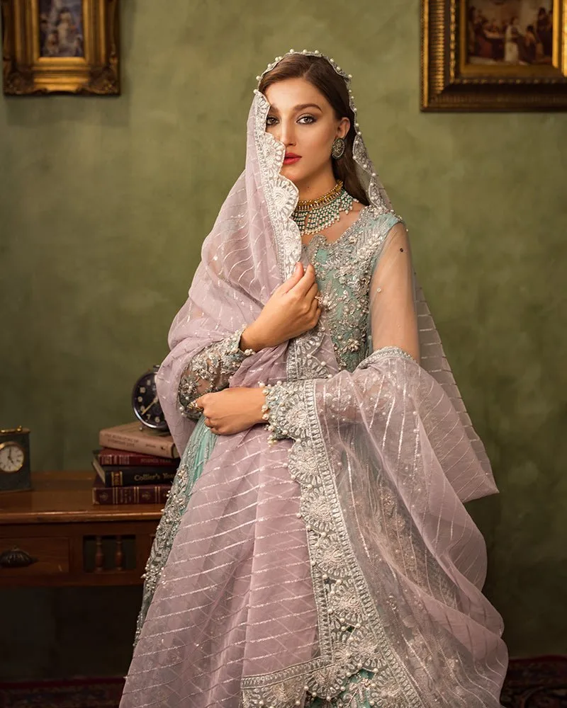 Aqua blue bridal suit with organza dupatta and embroidered net detailing – view 6 – Poshaq