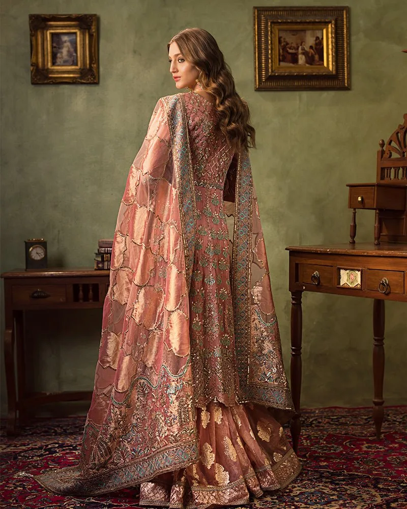 Pink bridal suit with chiffon, organza and net fabrics, featuring intricate embroidery – view 2 – Poshaq