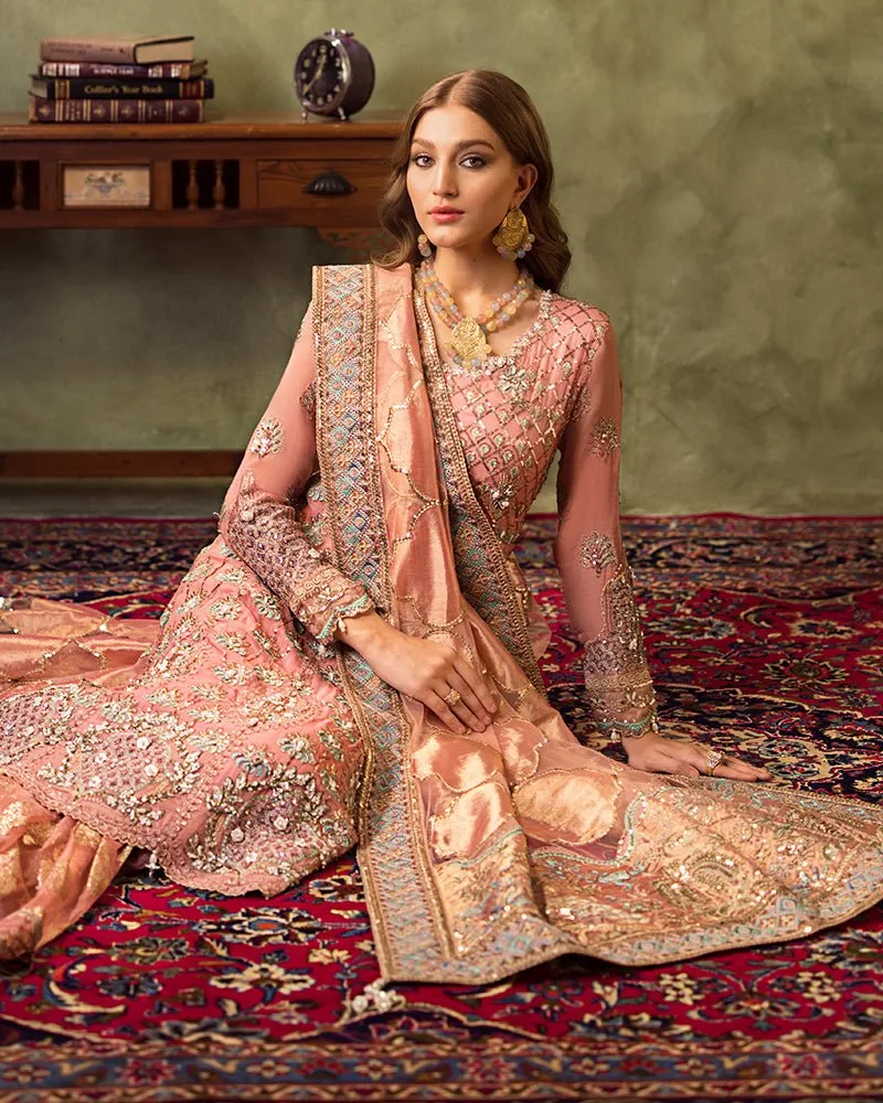 Pink bridal suit with chiffon, organza and net fabrics, featuring intricate embroidery – view 3 – Poshaq