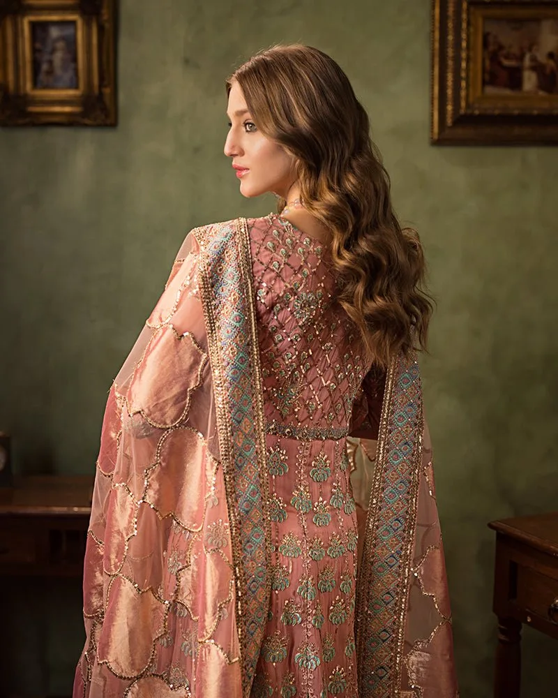 Pink bridal suit with chiffon, organza and net fabrics, featuring intricate embroidery – view 4 – Poshaq
