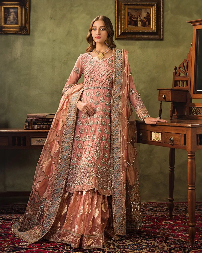 Pink bridal suit with chiffon, organza and net fabrics, featuring intricate embroidery – view 5 – Poshaq