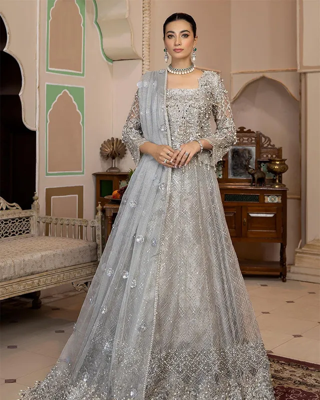 Silver net bridal lehnga set with Masoori dupatta and detailed adda work – view 1 – Poshaq
