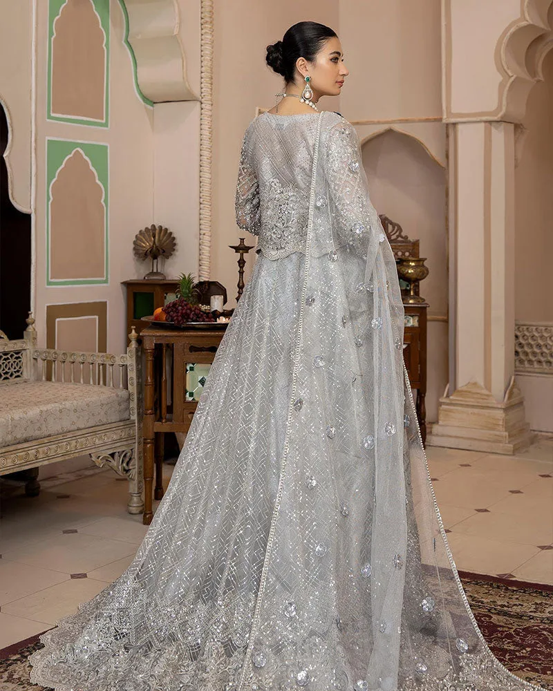 Silver net bridal lehnga set with Masoori dupatta and detailed adda work – view 2 – Poshaq