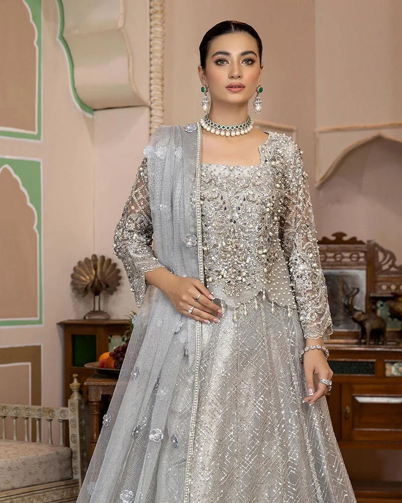 Silver net bridal lehnga set with Masoori dupatta and detailed adda work – view 3 – Poshaq