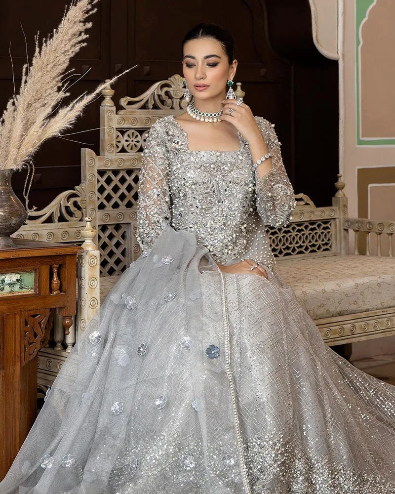 Silver net bridal lehnga set with Masoori dupatta and detailed adda work – view 4 – Poshaq