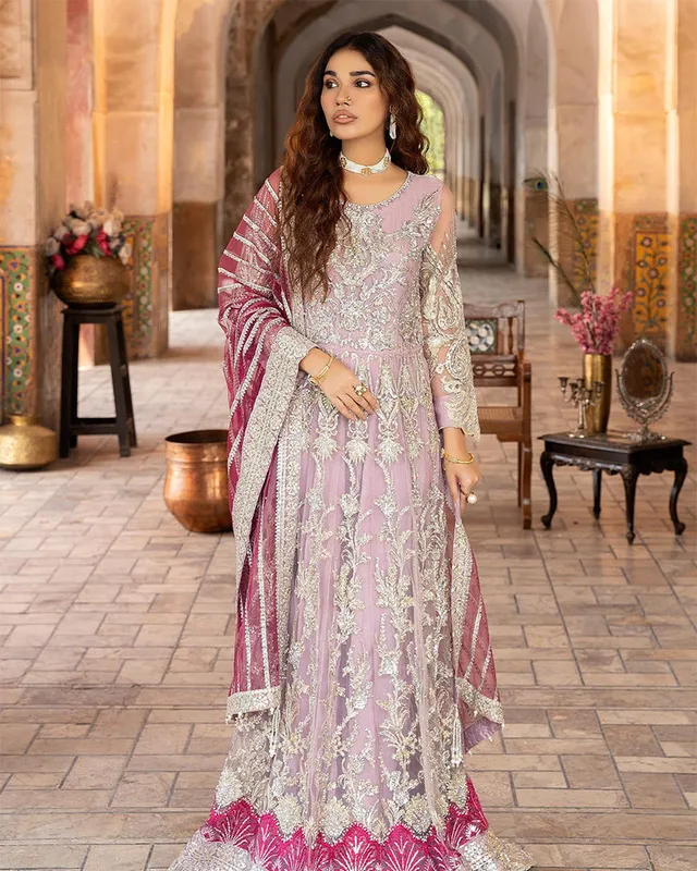 Bridal organza and viscose gown with embroidered net dupatta – view 1 – Poshaq