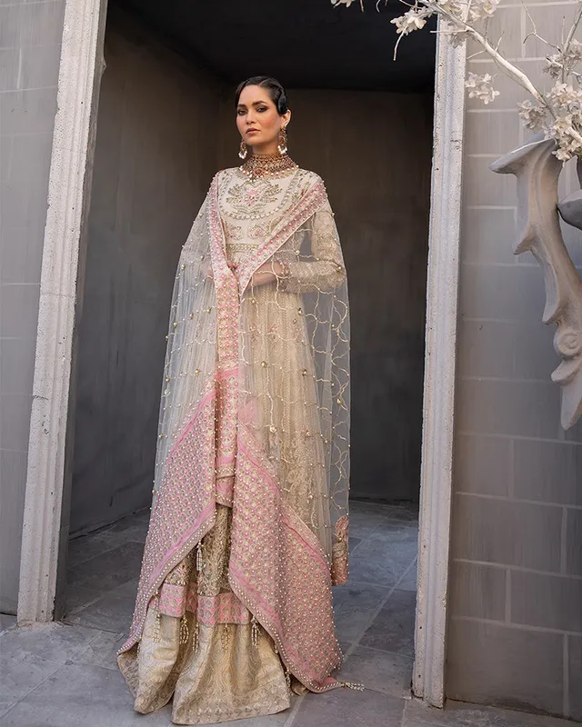 Ain AR-57 bridal dress featuring silk and embroidered net panels with pearl accents – view 1 – Poshaq