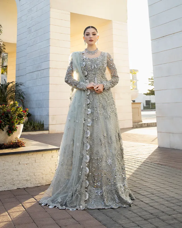 Pastel grey net bridal lehenga with adda embroidery and diamanté dupatta – view 1 – Poshaq