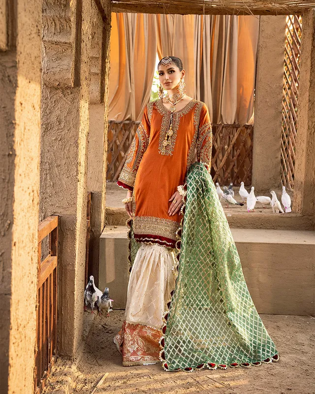 Raw silk bridal gown with Dori embroidery – view 1 – Poshaq