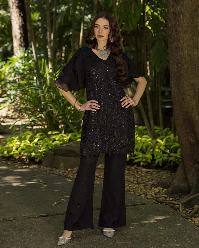 Black raw silk chiffon shirt with sequin chain accents – view 1 – Poshaq