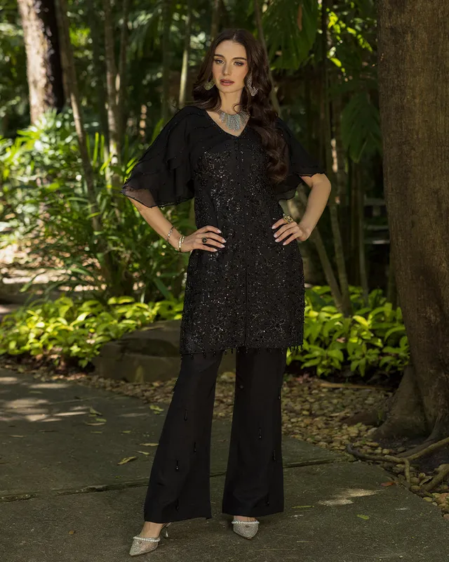 Black raw silk chiffon shirt with sequin chain accents – view 1 – Poshaq