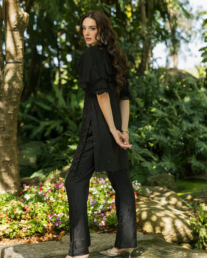 Black raw silk chiffon shirt with sequin chain accents – view 2 – Poshaq