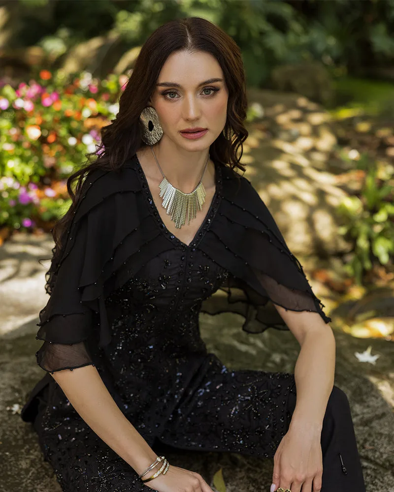 Black raw silk chiffon shirt with sequin chain accents – view 3 – Poshaq