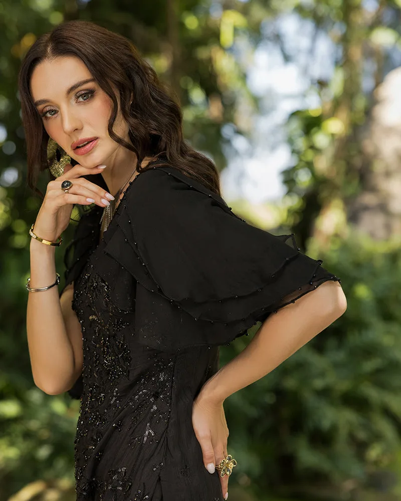 Black raw silk chiffon shirt with sequin chain accents – view 4 – Poshaq