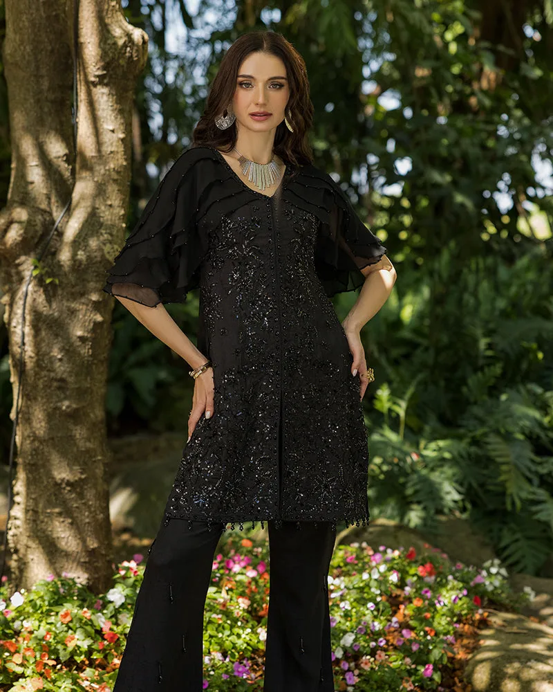 Black raw silk chiffon shirt with sequin chain accents – view 5 – Poshaq