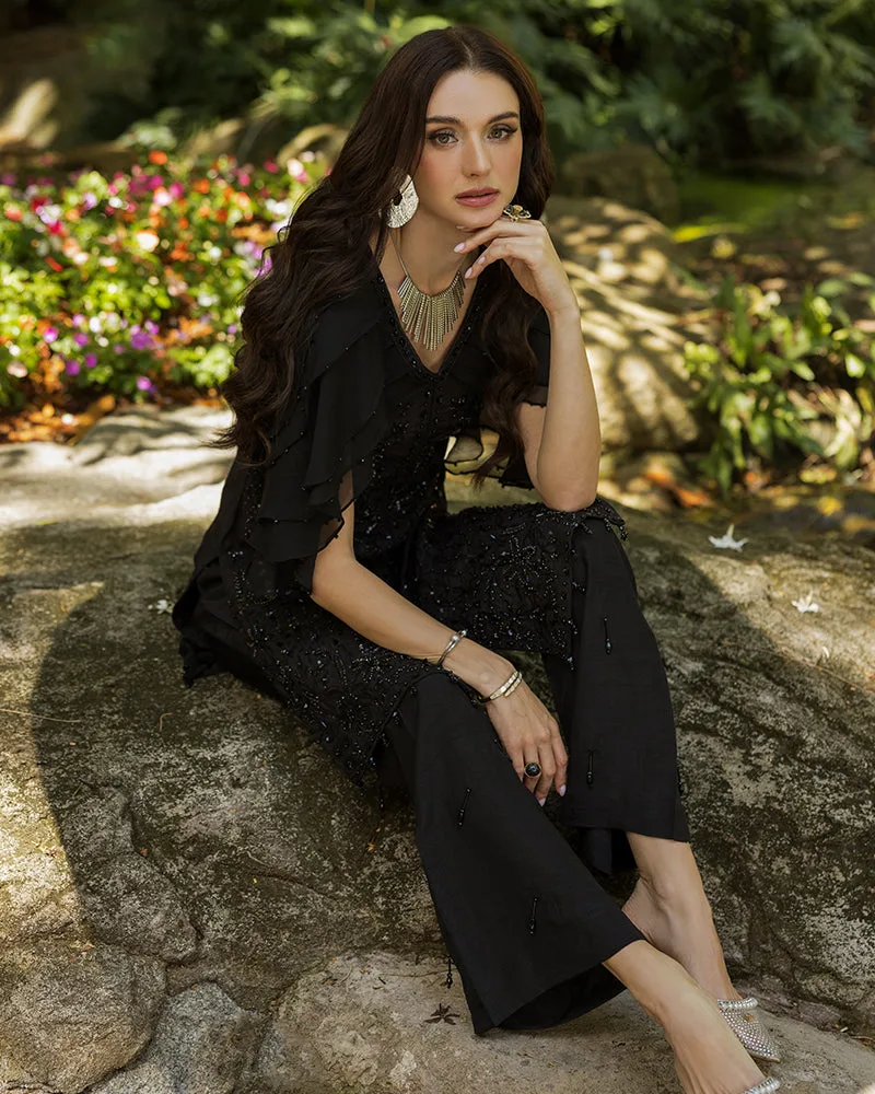 Black raw silk chiffon shirt with sequin chain accents – view 6 – Poshaq
