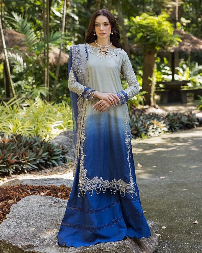 Blue raw silk dress with smooth silhouette – view 1 – Poshaq