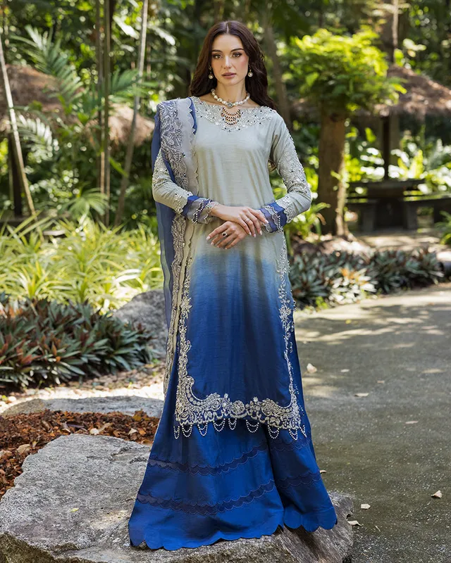 Blue raw silk dress with smooth silhouette – view 1 – Poshaq