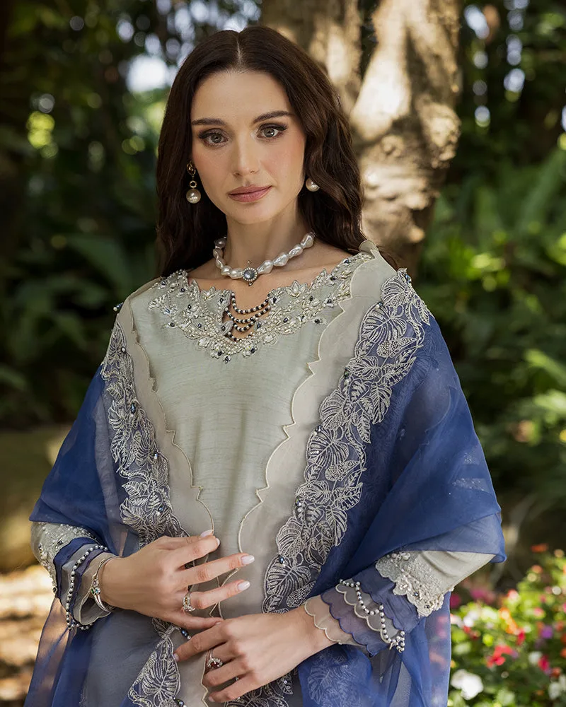 Blue raw silk dress with smooth silhouette – view 3 – Poshaq