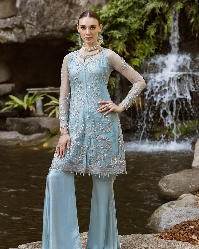 Ice blue silk and net peplum shirt with subtle detailing – view 1 – Poshaq