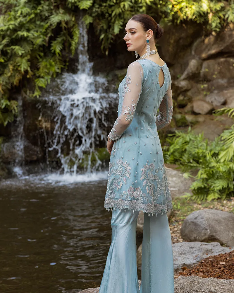 Ice blue silk and net peplum shirt with subtle detailing – view 2 – Poshaq