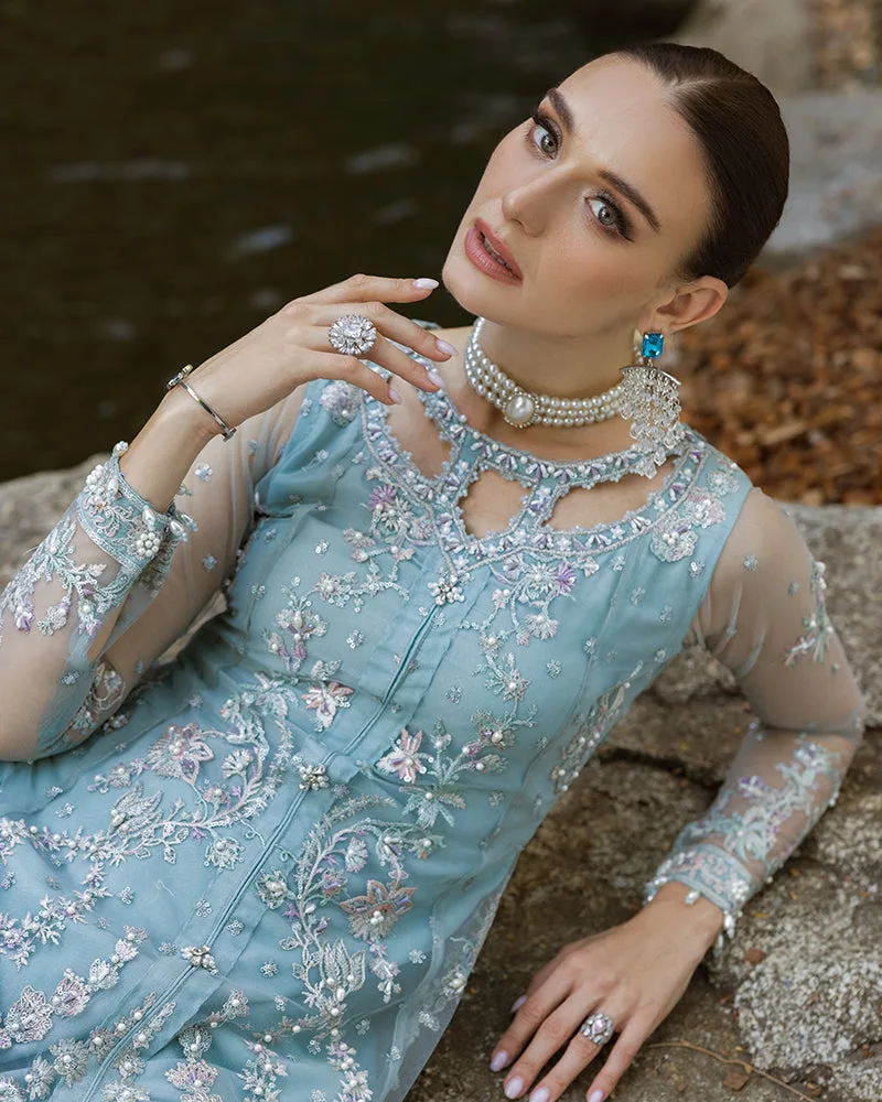 Ice blue silk and net peplum shirt with subtle detailing – view 3 – Poshaq