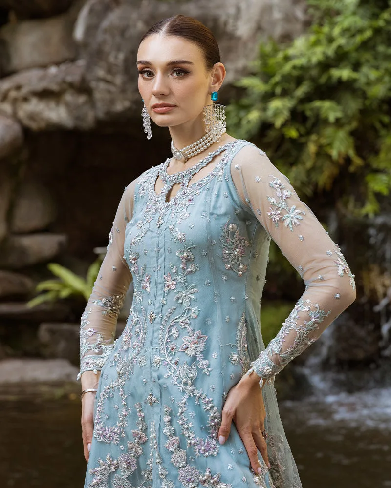 Ice blue silk and net peplum shirt with subtle detailing – view 4 – Poshaq
