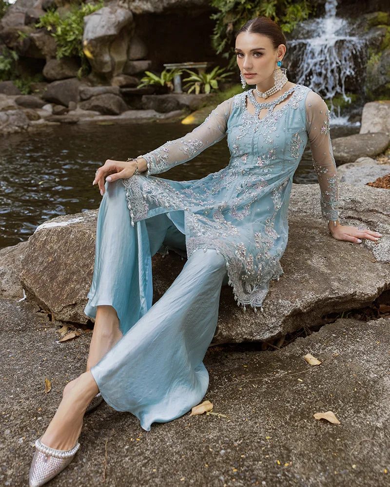 Ice blue silk and net peplum shirt with subtle detailing – view 5 – Poshaq