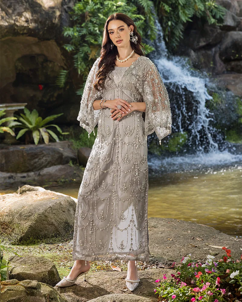 Grey long shirt with viscose body and net overlay, featuring tilla thread work – view 1 – Poshaq