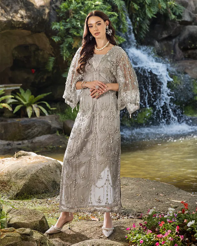 Grey long shirt with viscose body and net overlay, featuring tilla thread work – view 1 – Poshaq