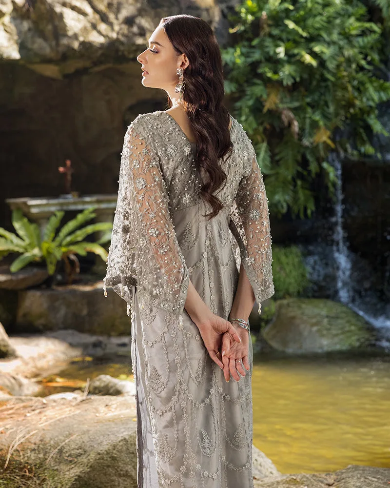 Grey long shirt with viscose body and net overlay, featuring tilla thread work – view 2 – Poshaq