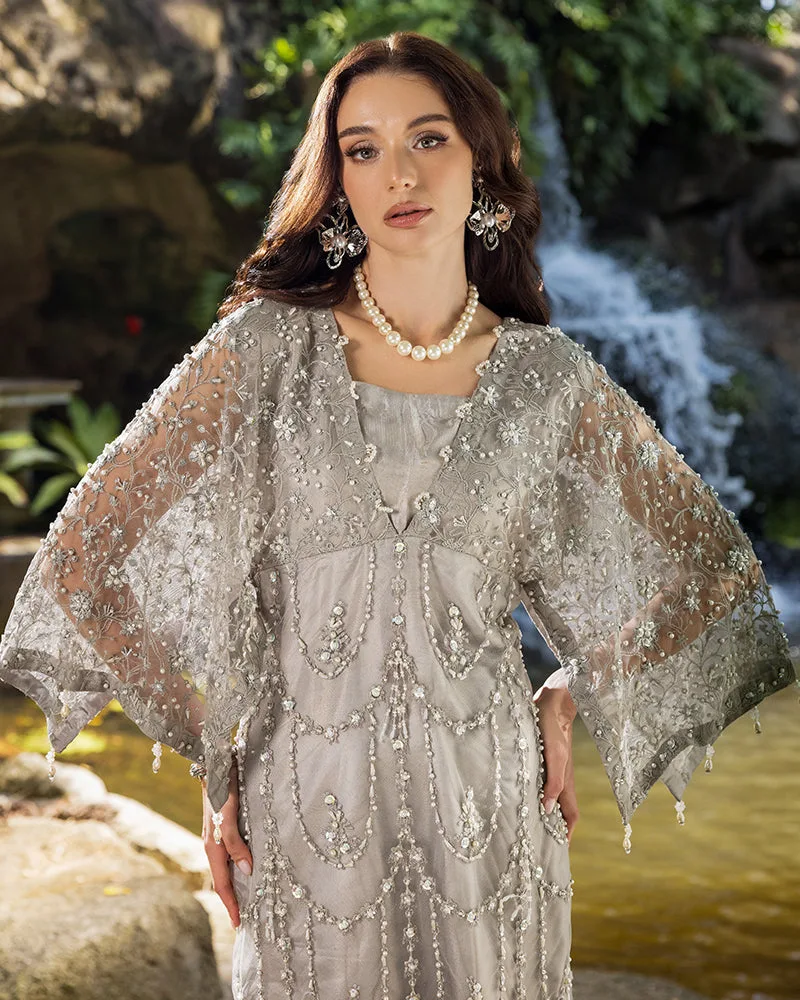 Grey long shirt with viscose body and net overlay, featuring tilla thread work – view 3 – Poshaq