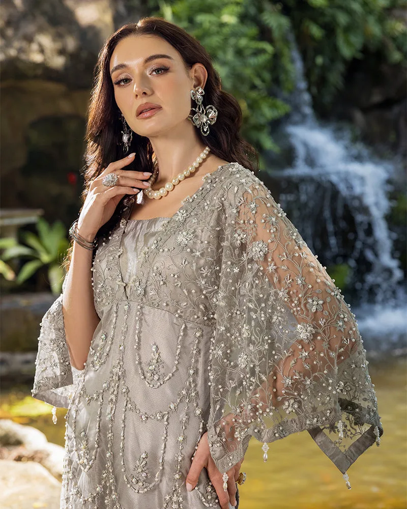 Grey long shirt with viscose body and net overlay, featuring tilla thread work – view 4 – Poshaq