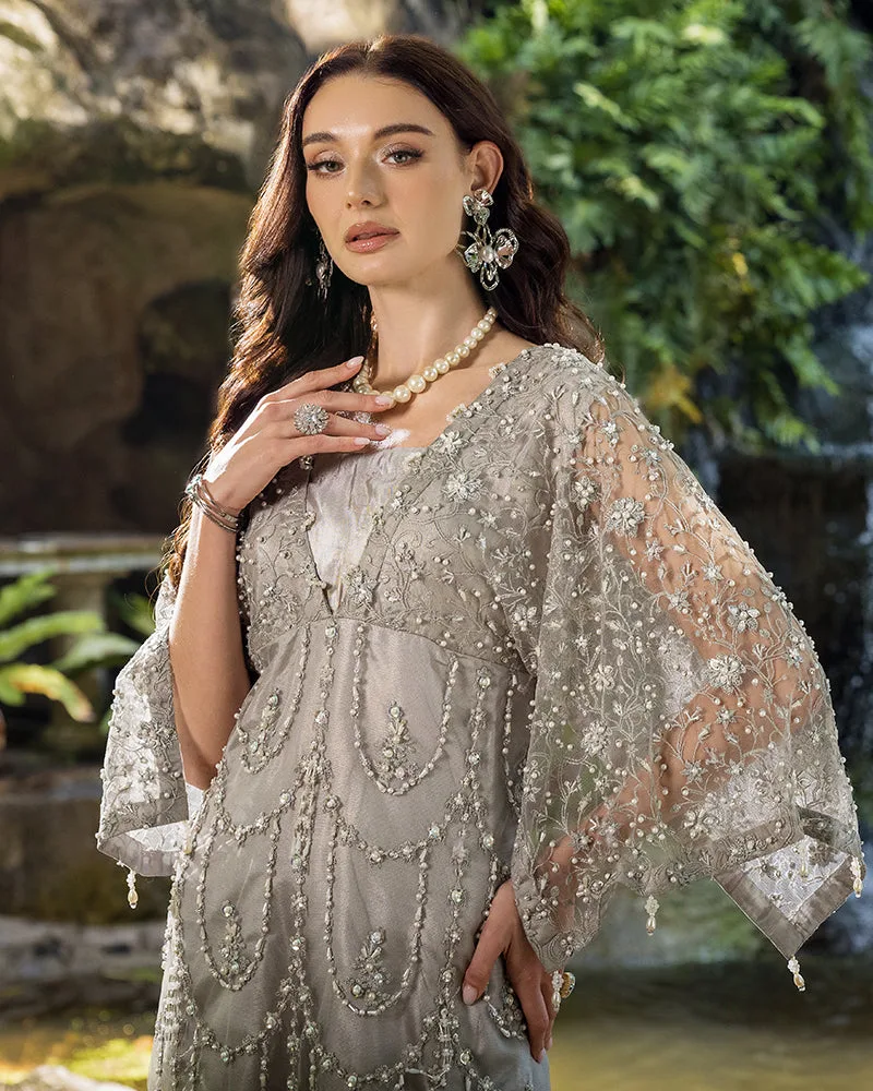 Grey long shirt with viscose body and net overlay, featuring tilla thread work – view 5 – Poshaq