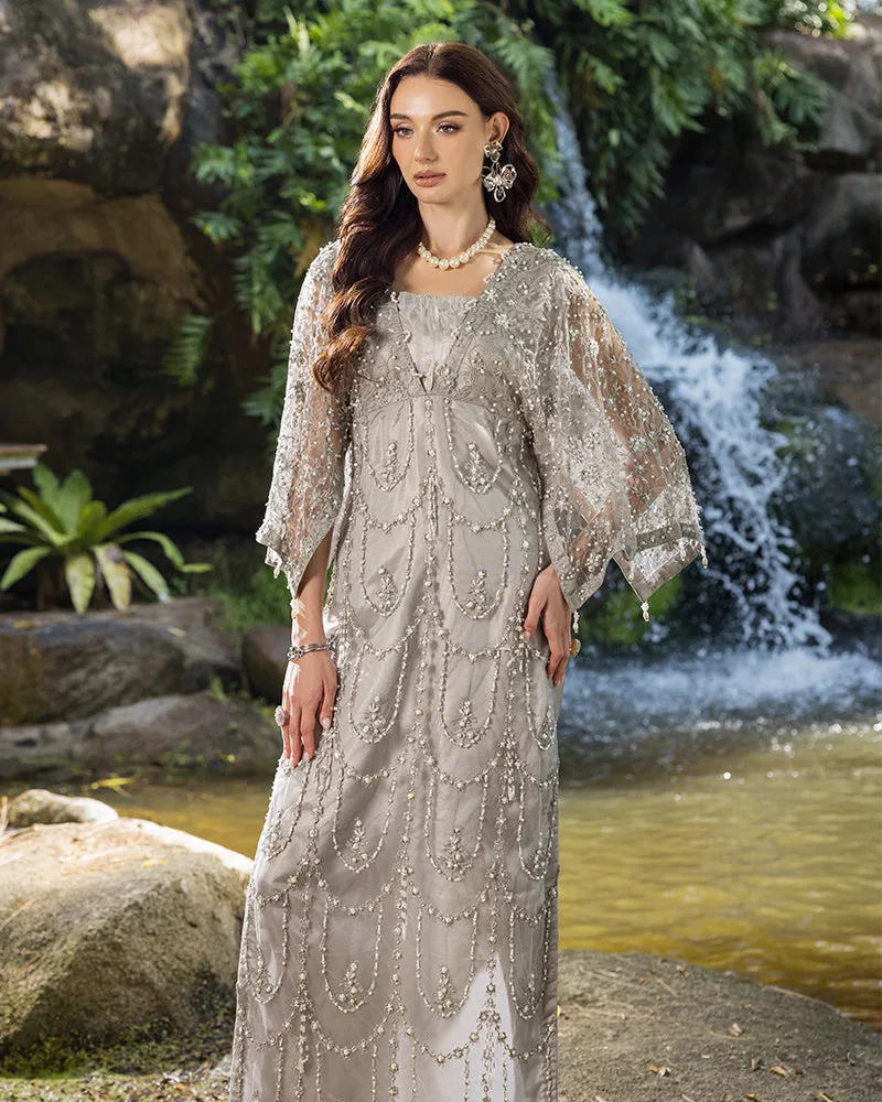 Grey long shirt with viscose body and net overlay, featuring tilla thread work – view 6 – Poshaq