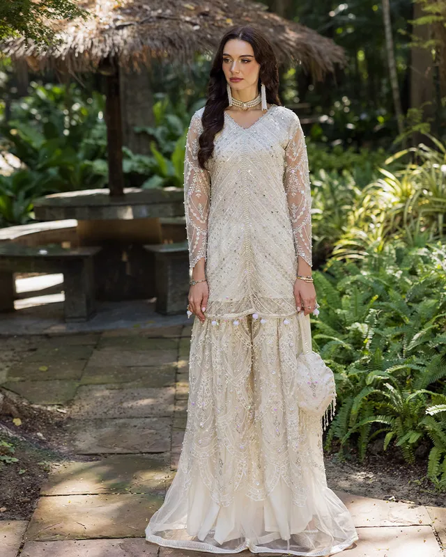 Ivory net front open shirt with crystal and pearl detailing – view 1 – Poshaq