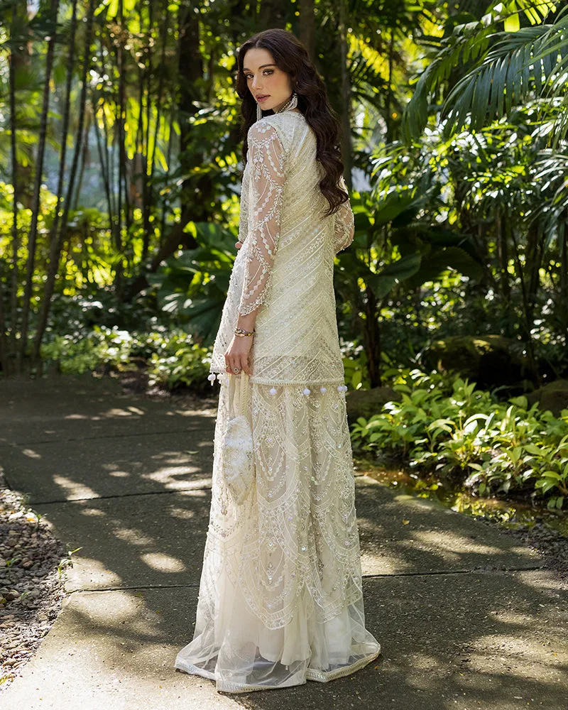Ivory net front open shirt with crystal and pearl detailing – view 2 – Poshaq