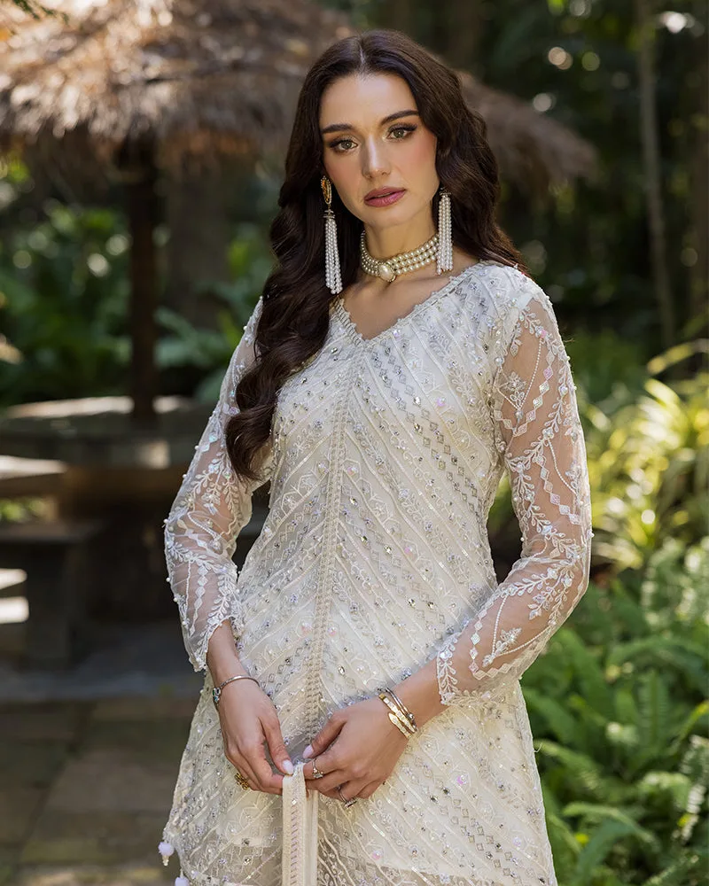 Ivory net front open shirt with crystal and pearl detailing – view 4 – Poshaq