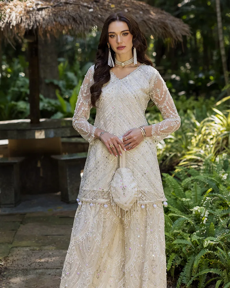 Ivory net front open shirt with crystal and pearl detailing – view 5 – Poshaq