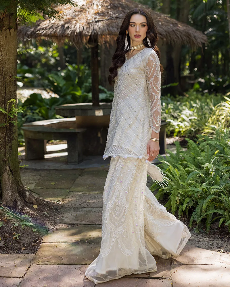 Ivory net front open shirt with crystal and pearl detailing – view 7 – Poshaq