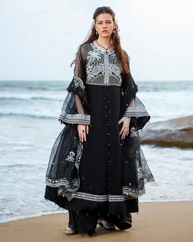 Black organza formal suit with viscose shararah and matching dupatta – view 1 – Poshaq