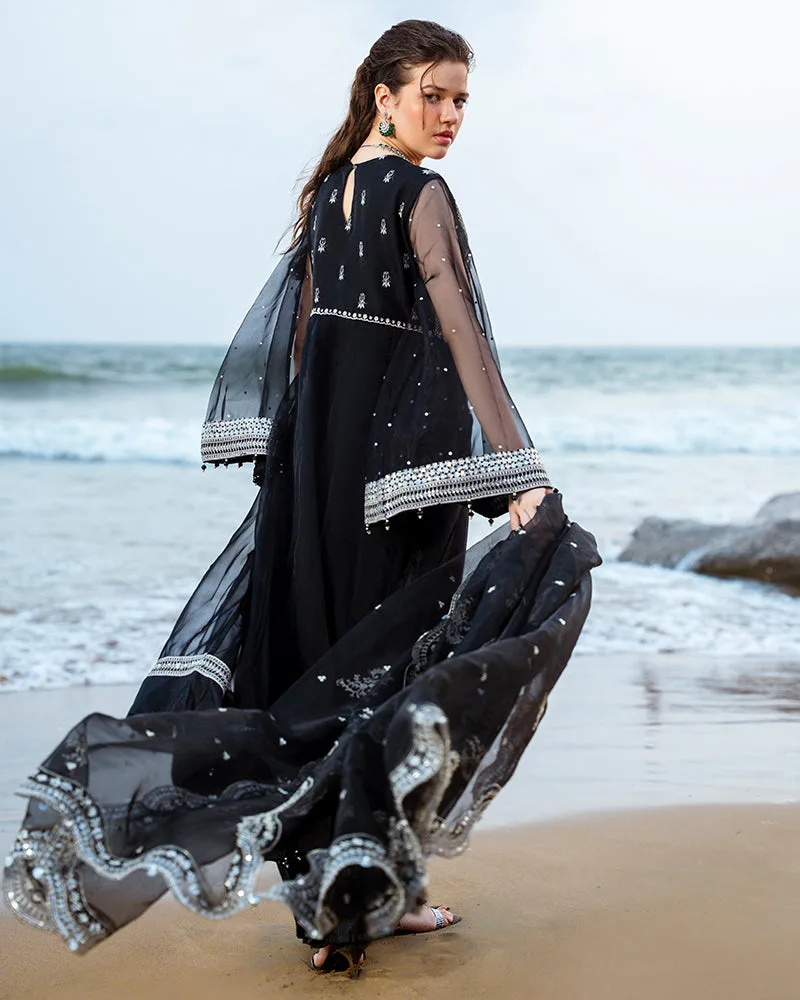 Black organza formal suit with viscose shararah and matching dupatta – view 2 – Poshaq
