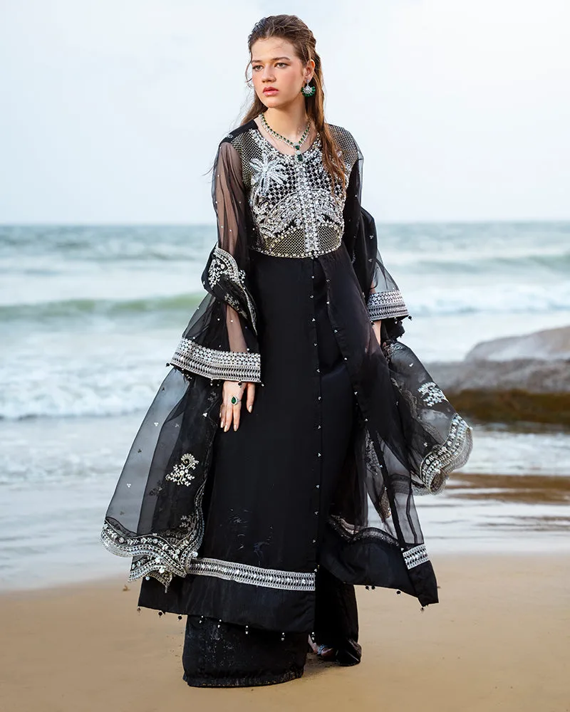 Black organza formal suit with viscose shararah and matching dupatta – view 3 – Poshaq