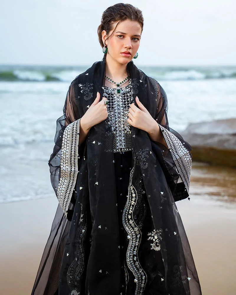 Black organza formal suit with viscose shararah and matching dupatta – view 4 – Poshaq